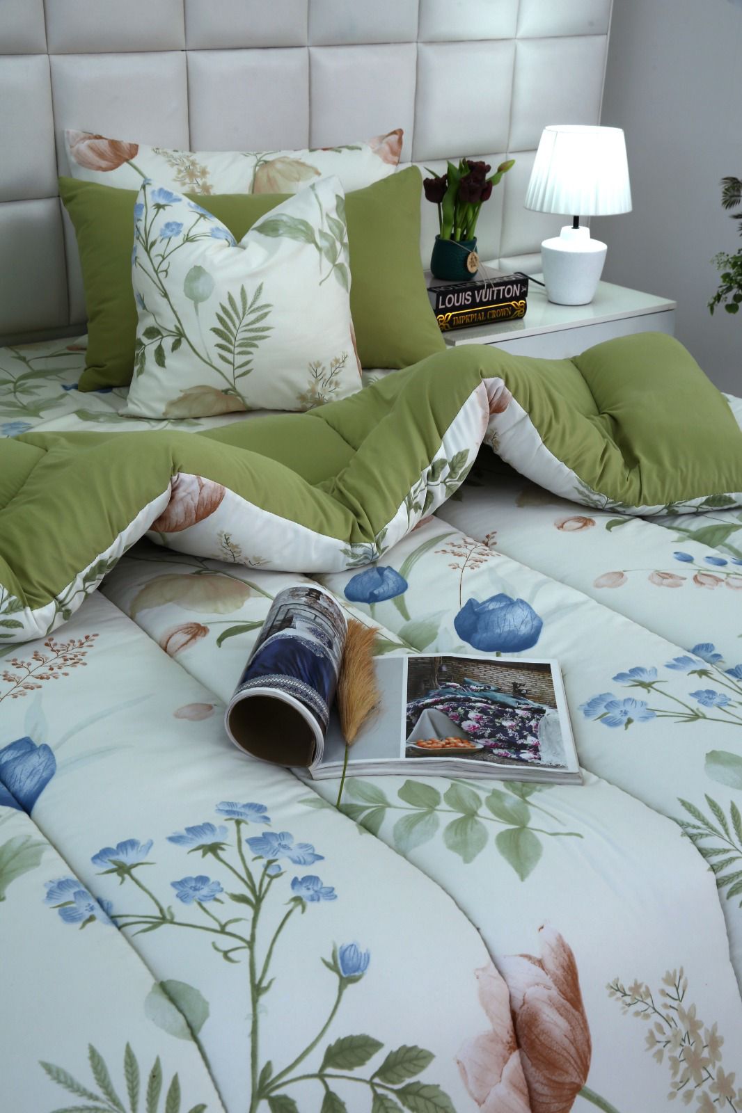 8 PCs Winter Razai Set-Floral Crew Comforters Apricot