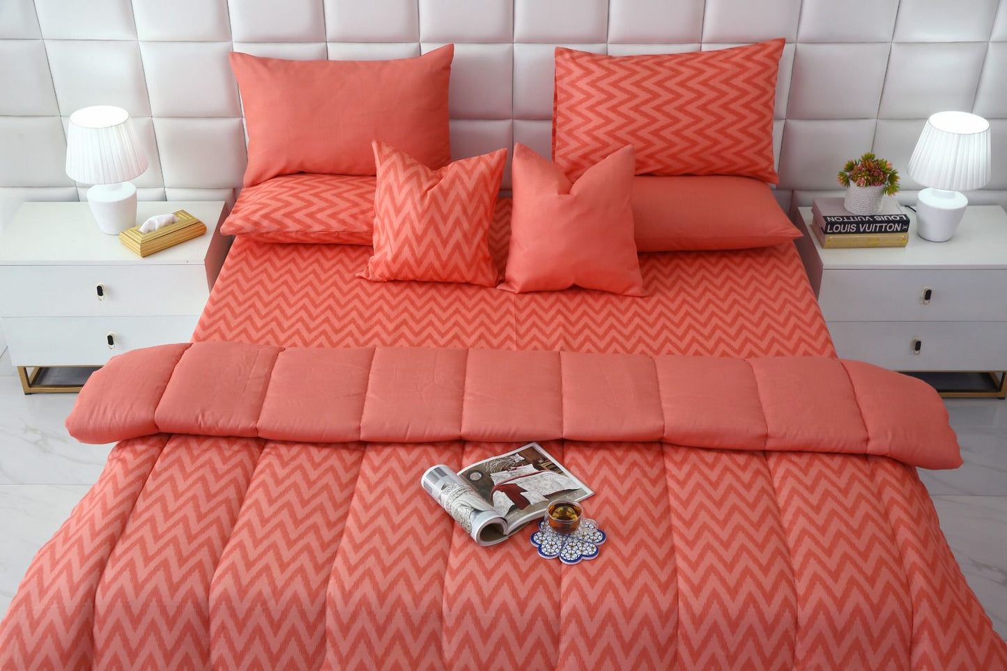 8 PCs Winter Comforter Set-Peach Chevron Comforters Apricot