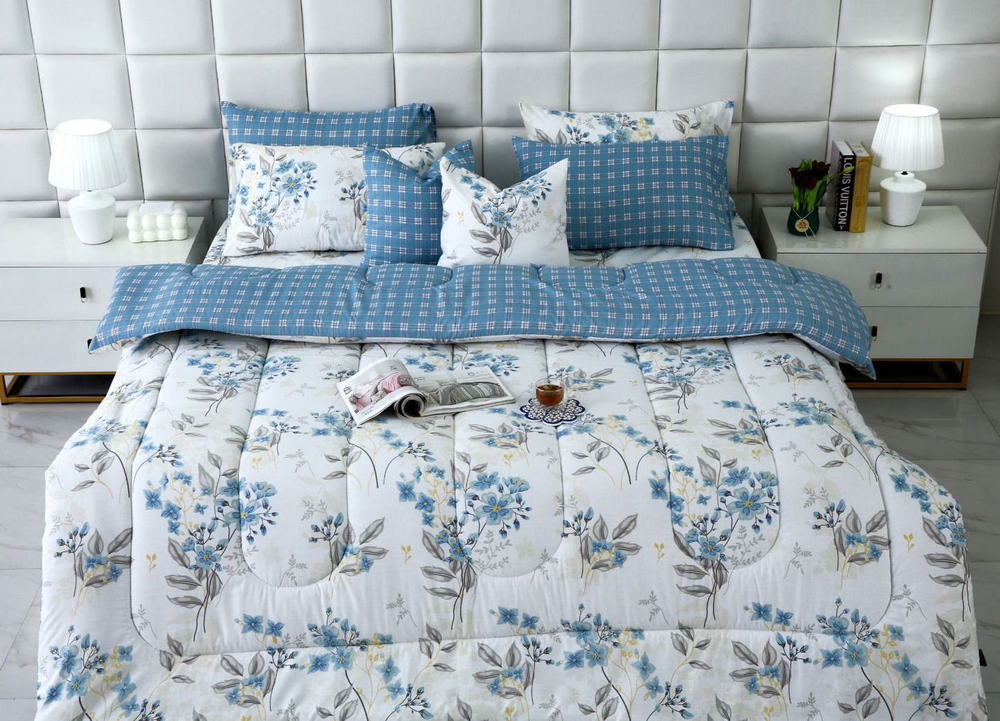 8 PCs Winter Comforter Set-Blue Poppy Comforters Apricot