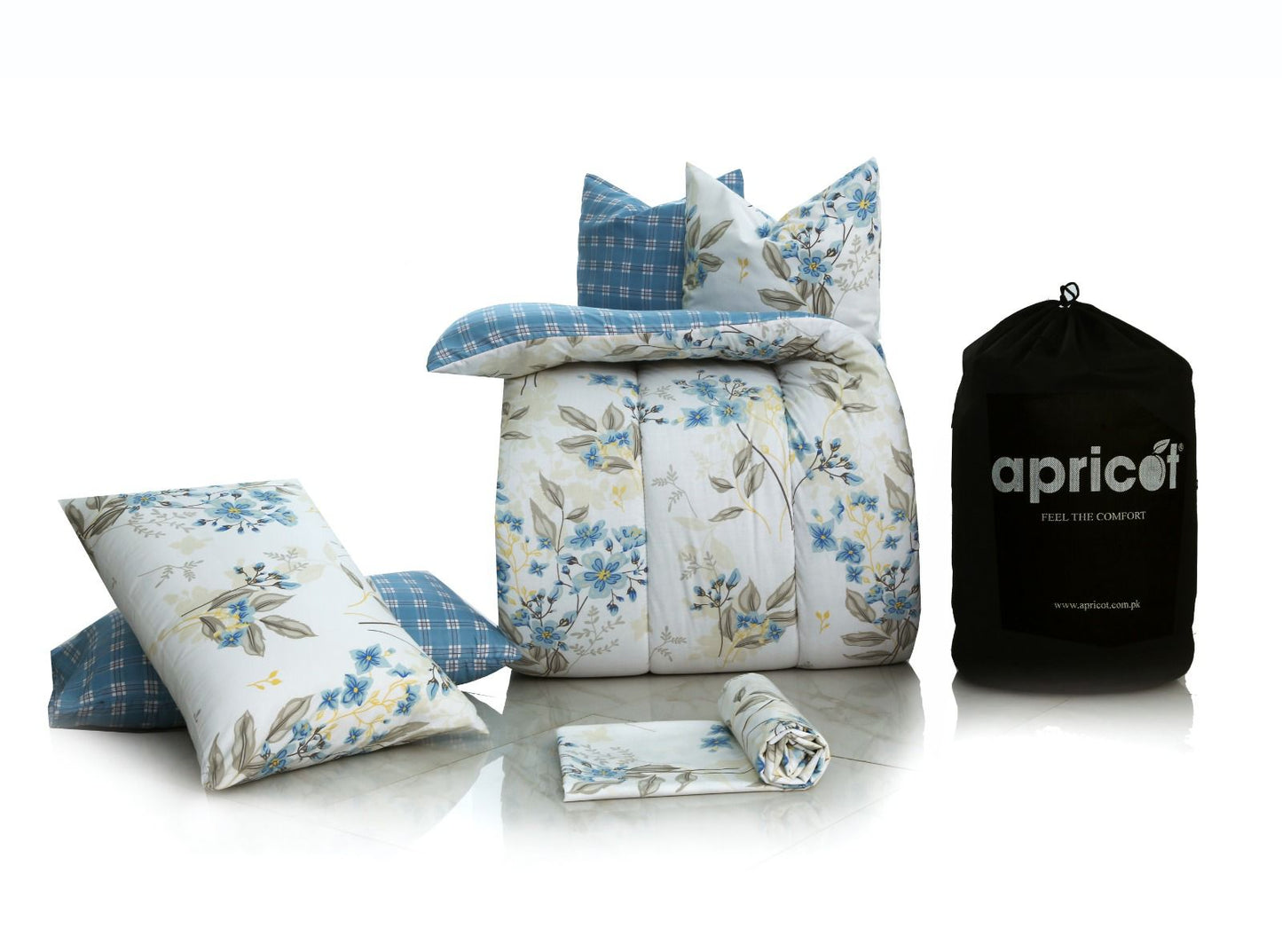 8 PCs Winter Comforter Set-Blue Poppy Comforters Apricot