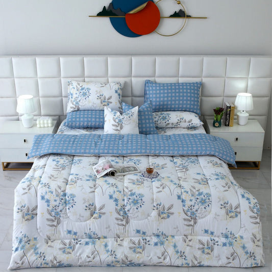 8 PCs Winter Comforter Set-Blue Poppy Comforters Apricot