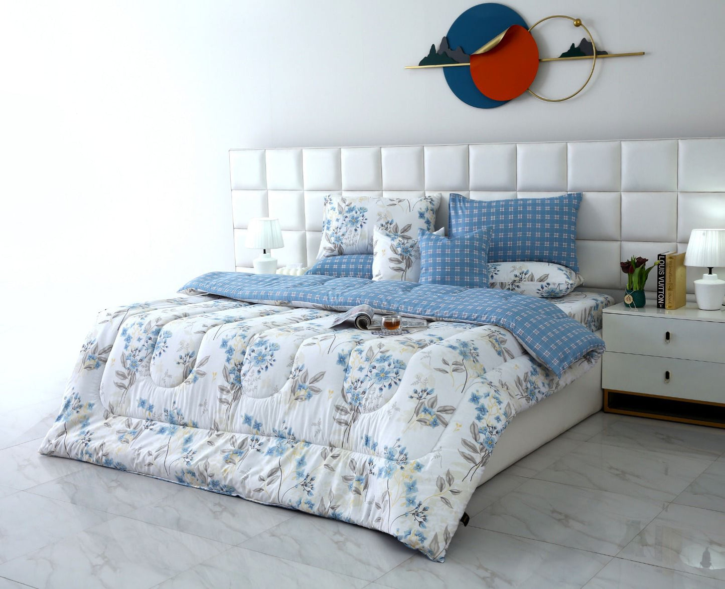 8 PCs Winter Comforter Set-Blue Poppy Comforters Apricot