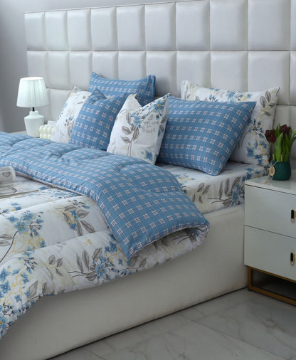 8 PCs Winter Comforter Set-Blue Poppy Comforters Apricot