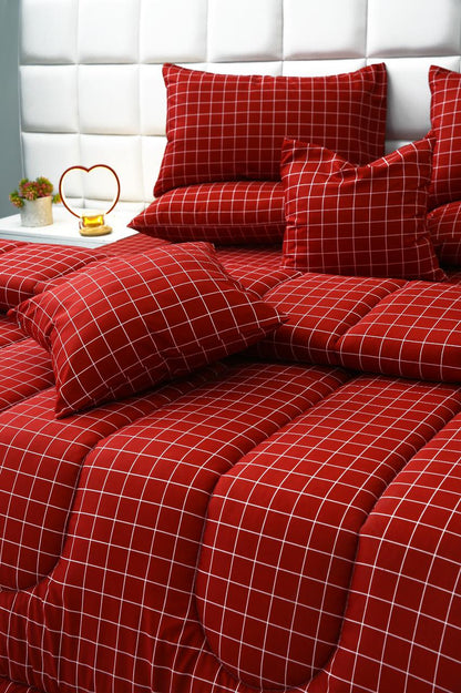 8 PCs Winter Comforter Set-Maroon Check Comforters Apricot