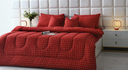 8 PCs Winter Comforter Set-Maroon Check Comforters Apricot