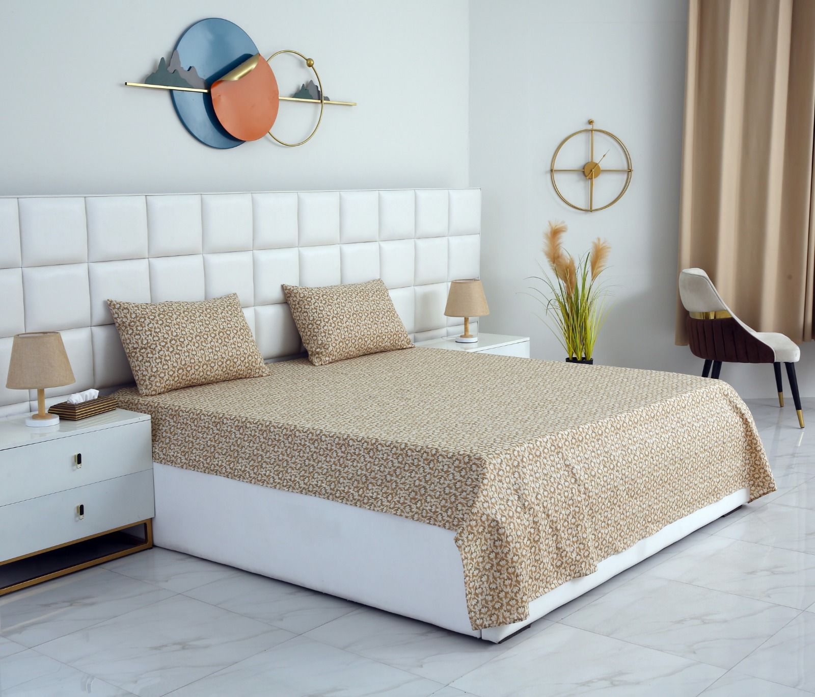 3 PCs Double Bed Sheet-Ecru Flowers Bed Sheets Apricot