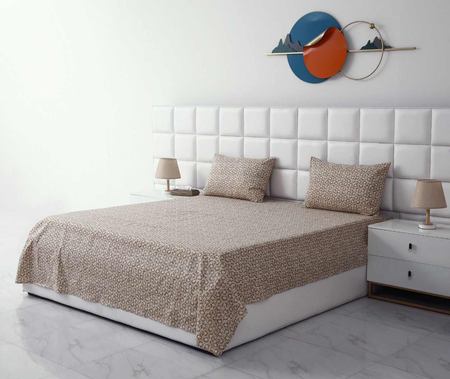 3 PCs Double Bed Sheet-Ecru Flowers Bed Sheets Apricot