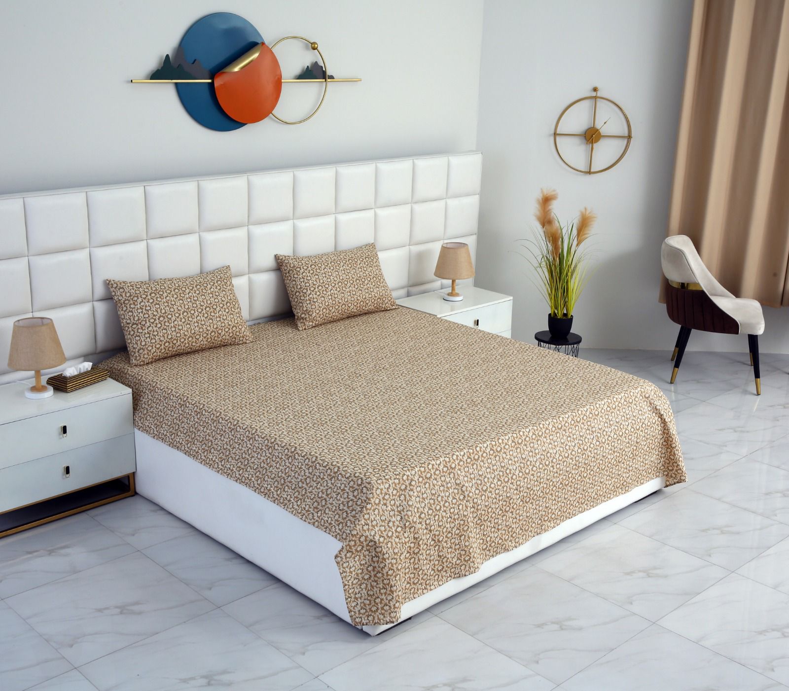 3 PCs Double Bed Sheet-Ecru Flowers Bed Sheets Apricot