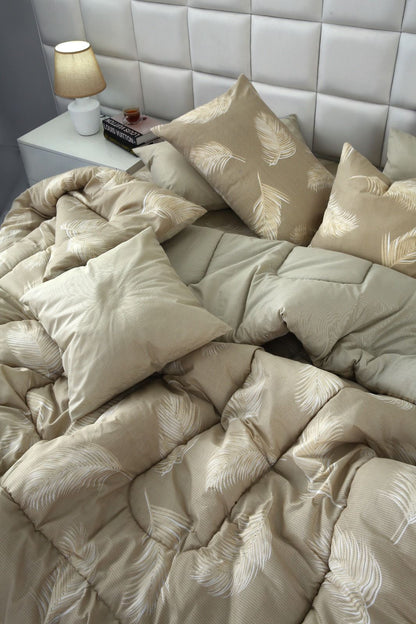 8 PCs Winter Comforter Set-Beige Feathers Comforters Apricot
