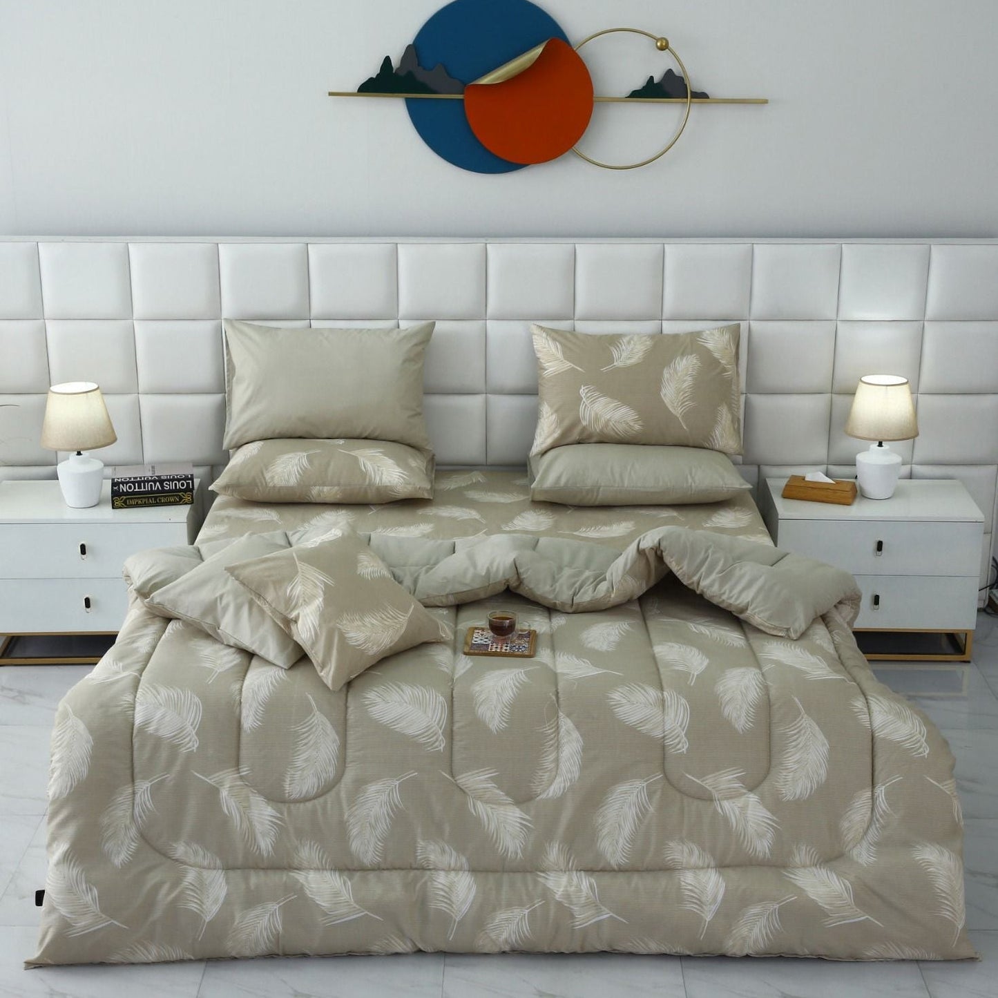8 PCs Winter Comforter Set-Beige Feathers Comforters Apricot