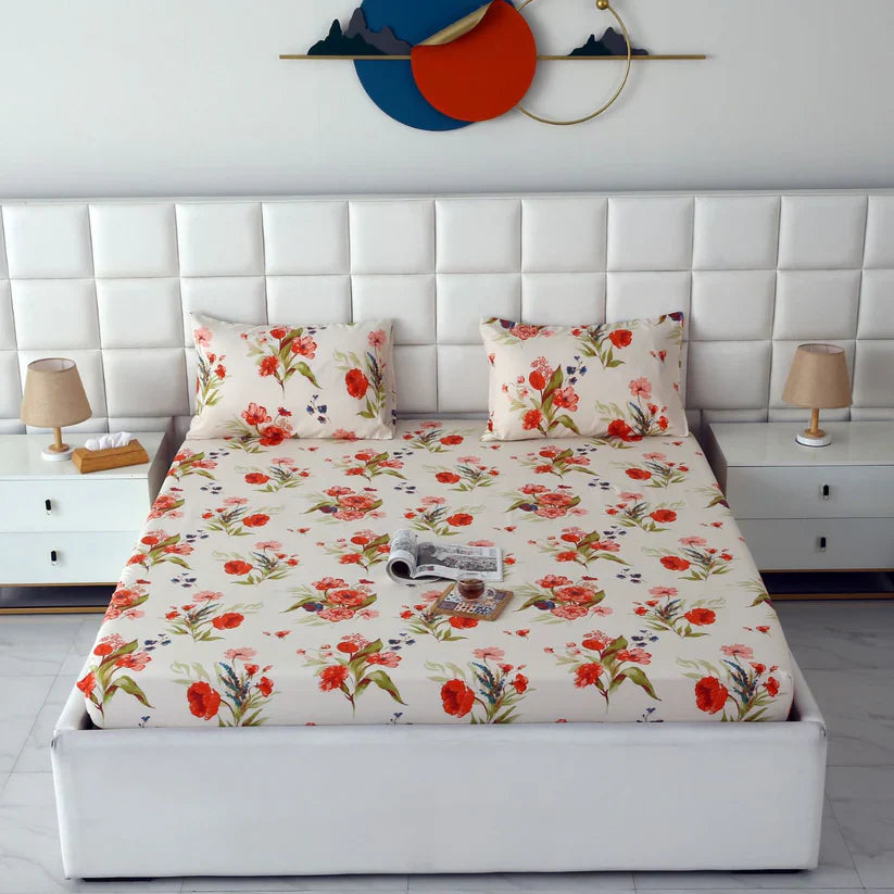 3 PCs Double Bed Sheet-Cosmic Bloom Bed Sheets Apricot