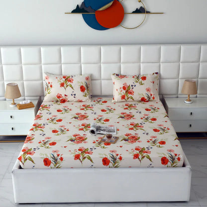3 PCs Double Bed Sheet-Cosmic Bloom Bed Sheets Apricot