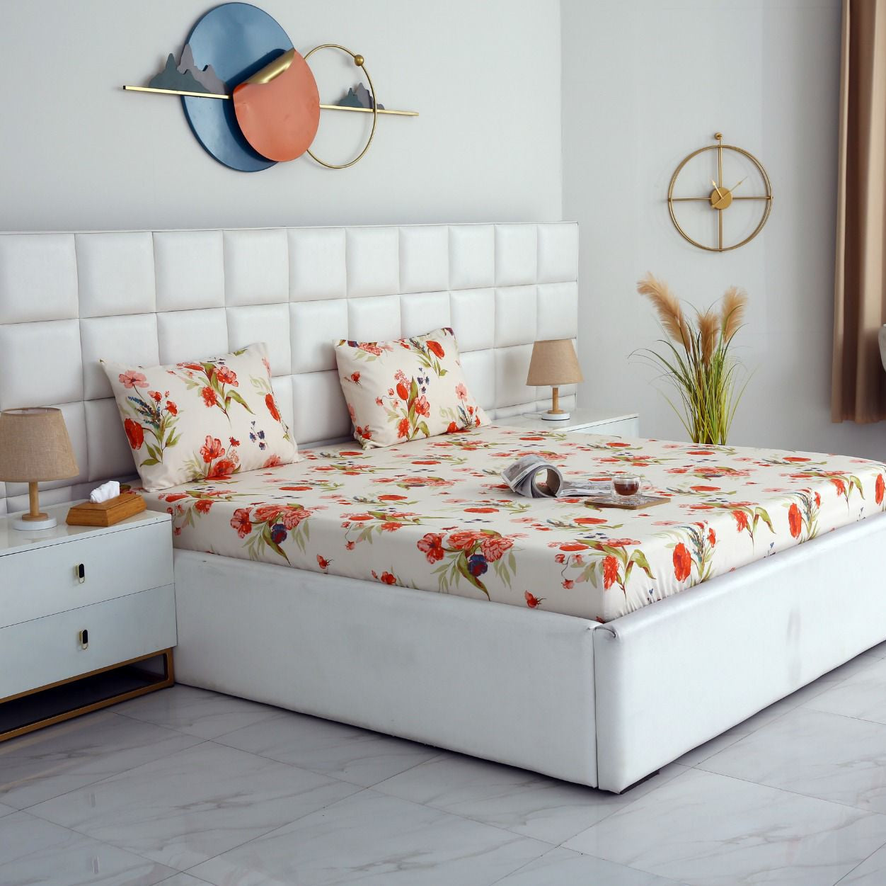 3 PCs Double Bed Sheet-Cosmic Bloom Bed Sheets Apricot