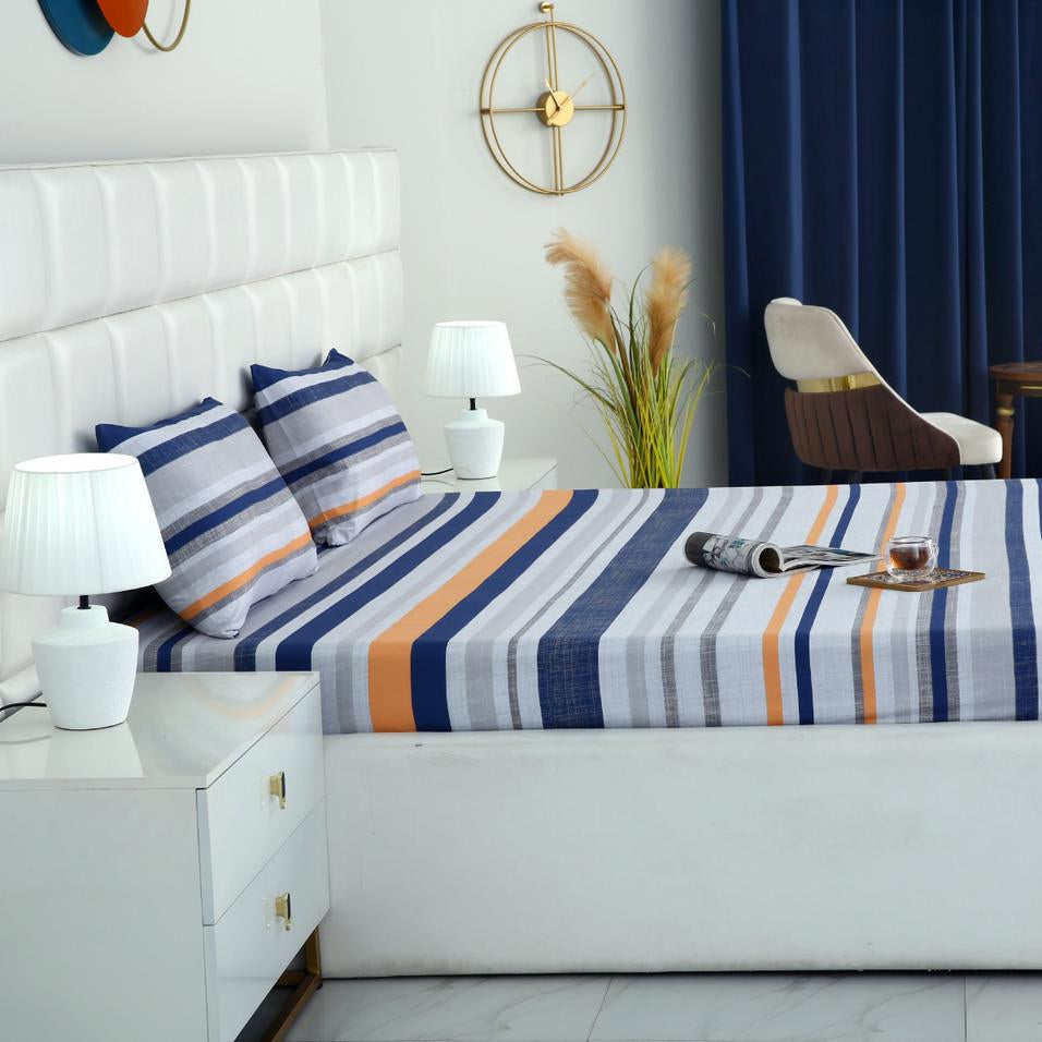 3 PCs Double Bed Sheet-Multi Bands Bed Sheets Apricot