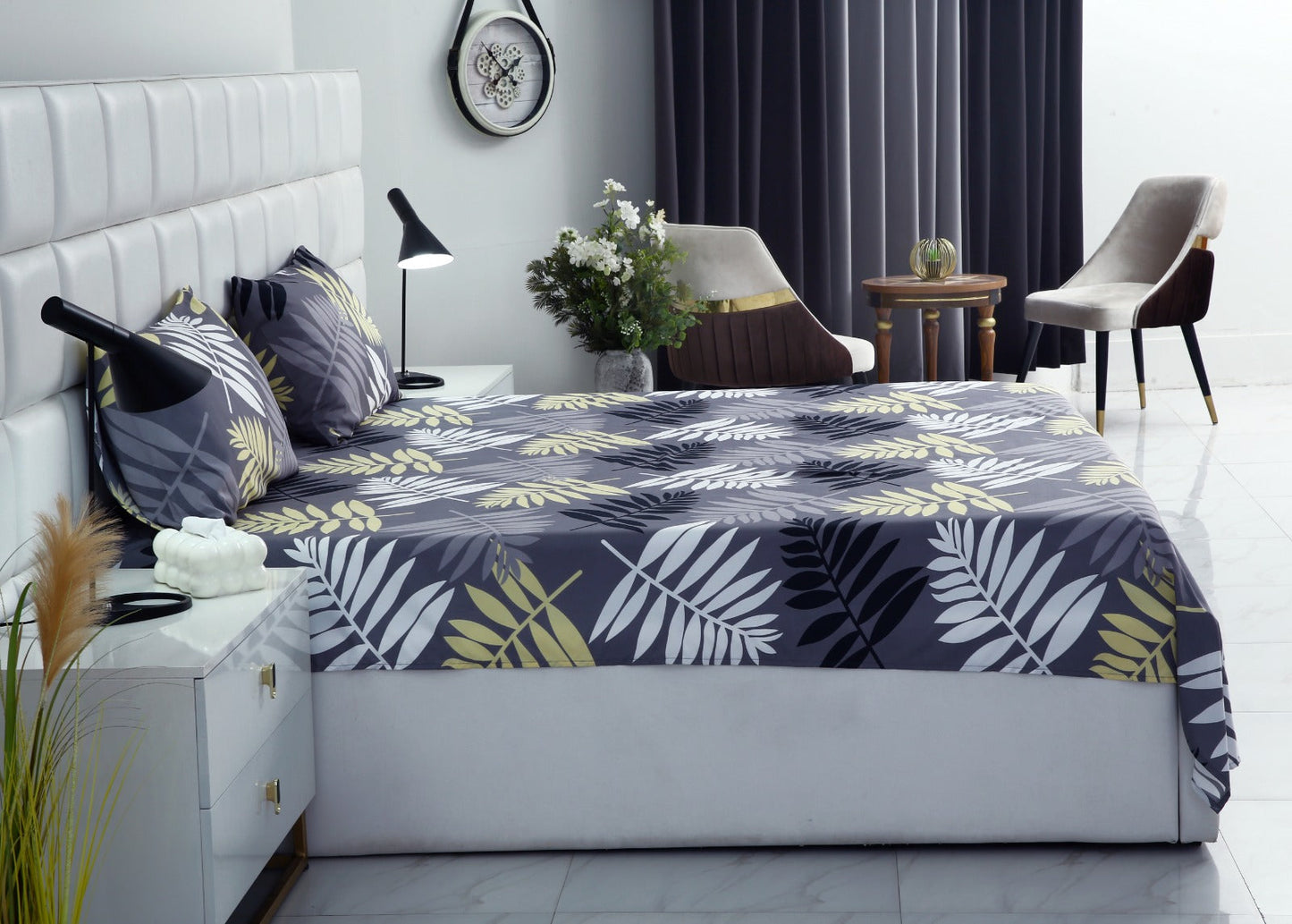 3 PCs Double Bed Sheet-Black Feathers BED SHEET Apricot