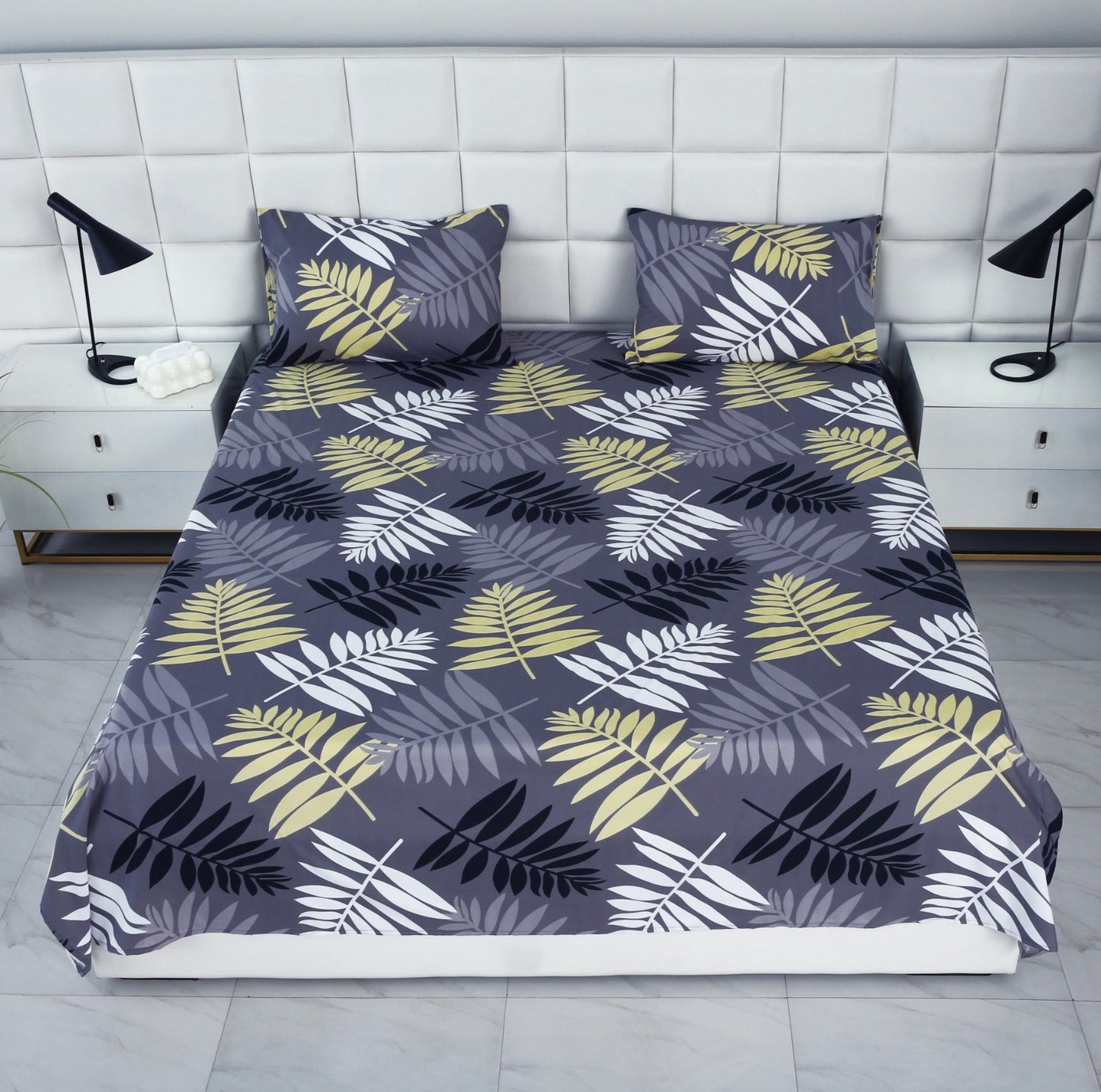 3 PCs Double Bed Sheet-Black Feathers BED SHEET Apricot