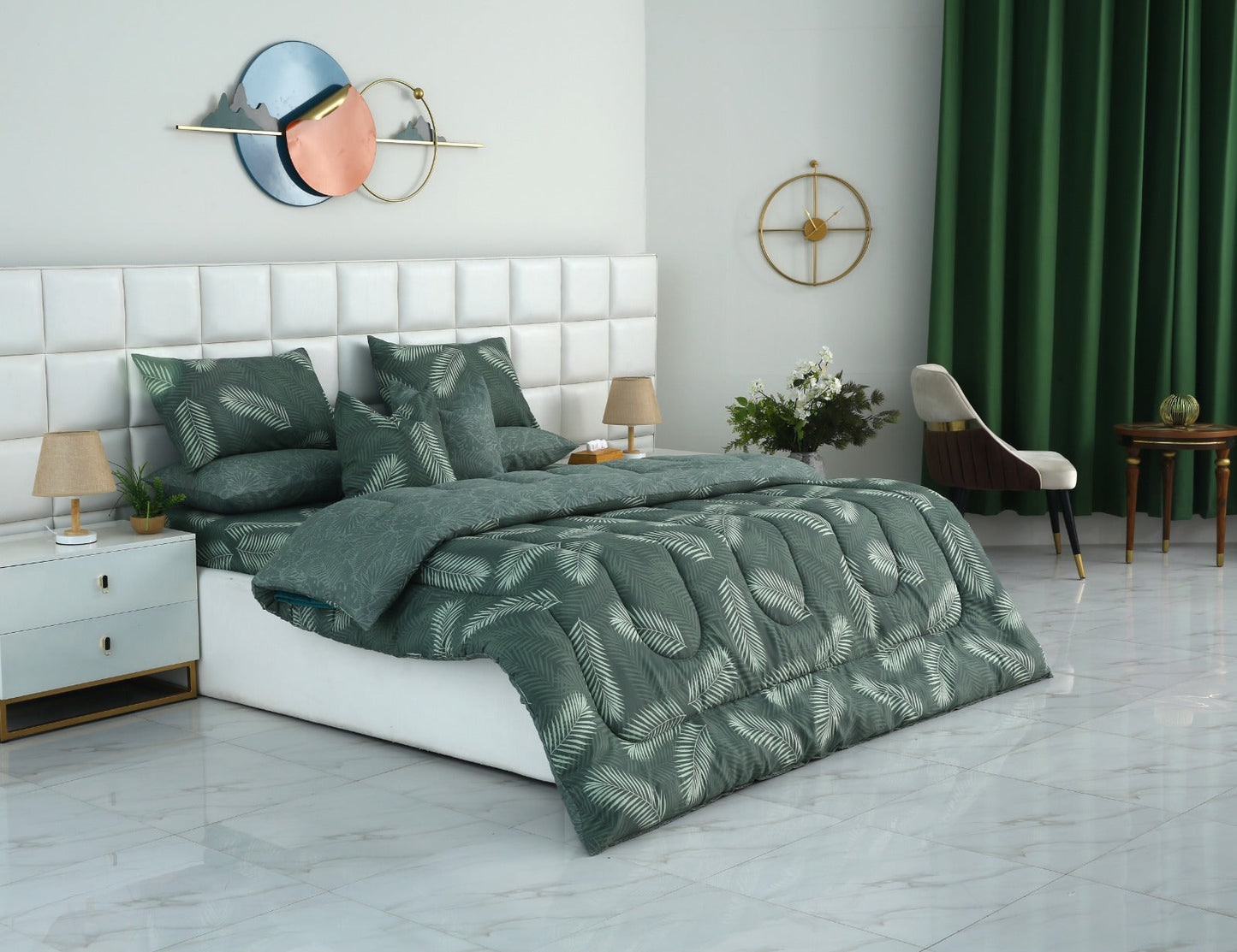 8 PCs Winter Razai Set-Emerald Feathers Comforters Apricot