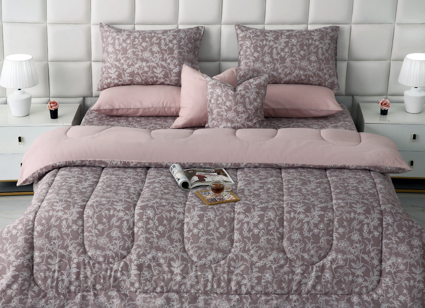 8 PCs Winter Comforter Set-White Peonies Comforters Apricot