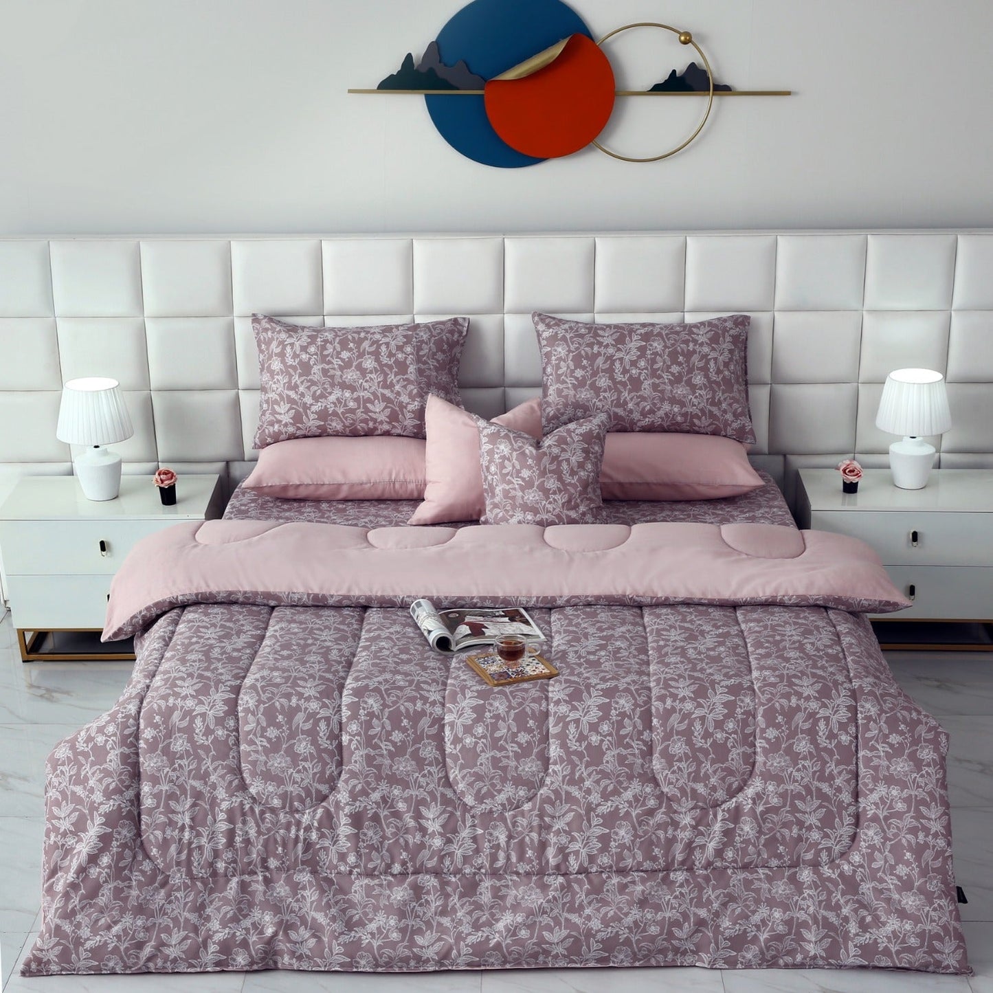 8 PCs Winter Comforter Set-White Peonies Comforters Apricot