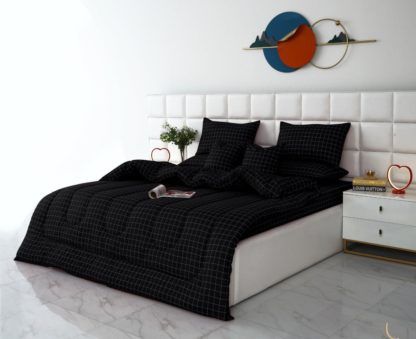 8 PCs Winter Comforter Set-Black Check Comforters Apricot