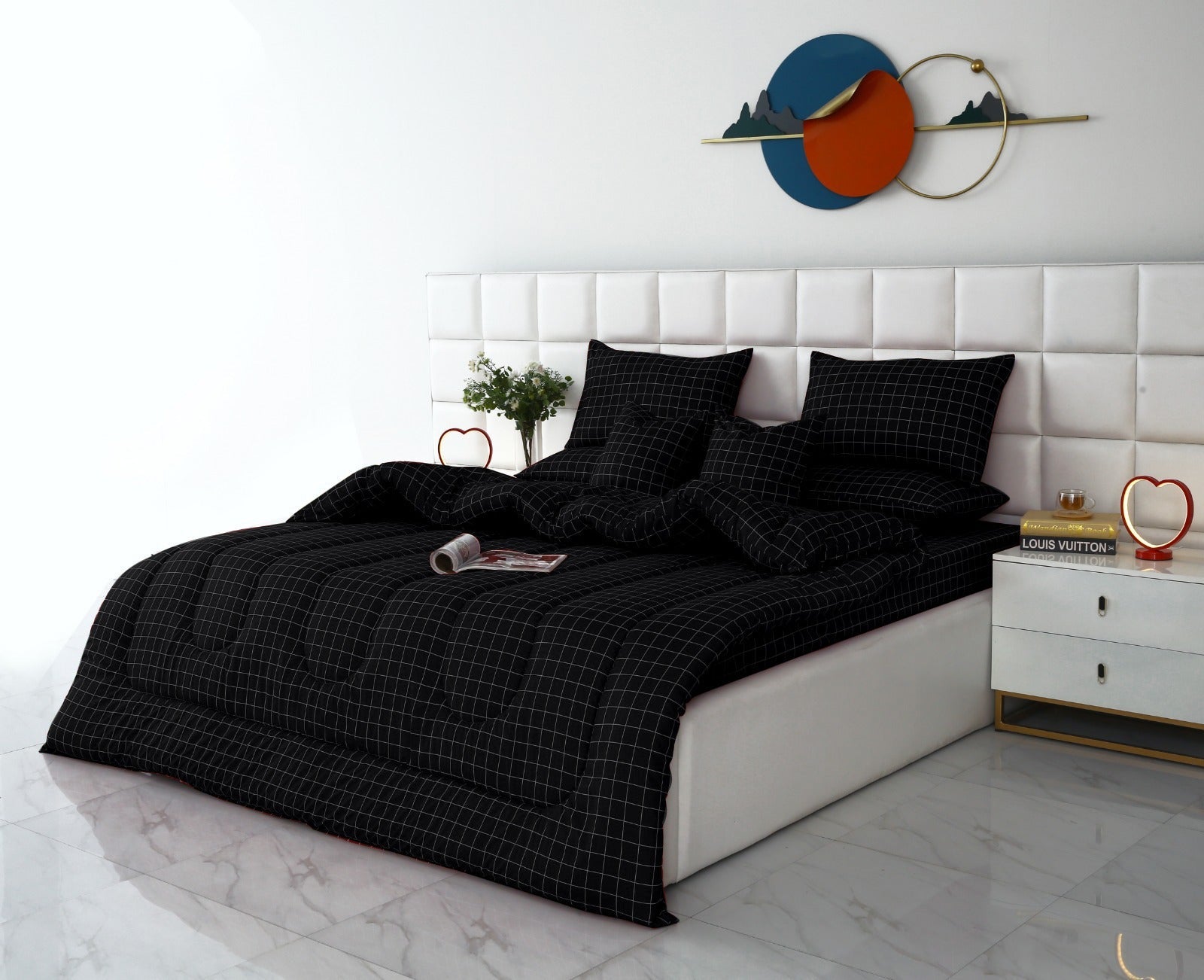 8 PCs Winter Comforter Set-Black Check Comforters Apricot
