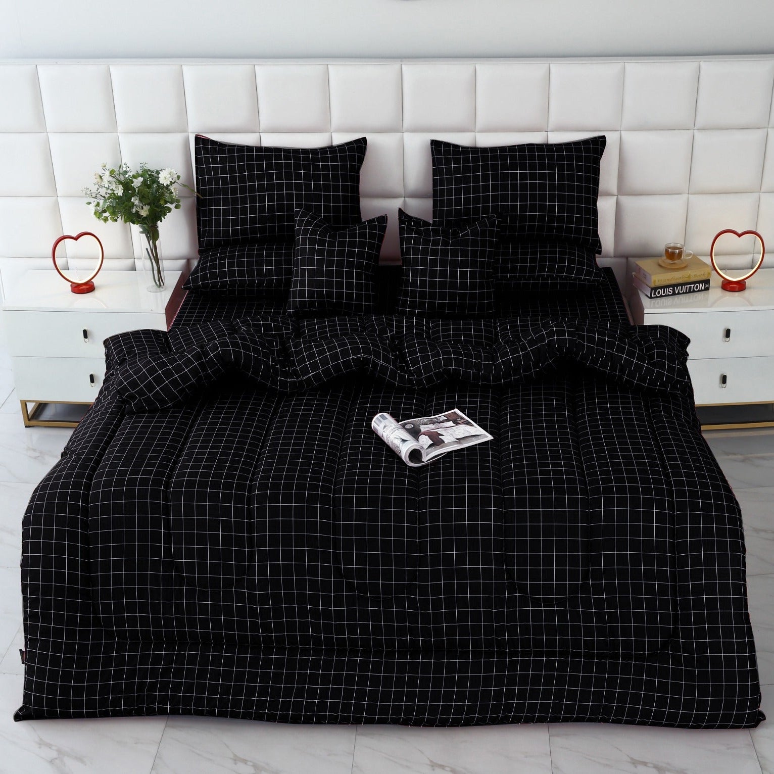 8 PCs Winter Comforter Set-Black Check Comforters Apricot