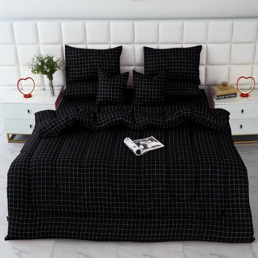 8 PCs Winter Comforter Set-Black Check Comforters Apricot