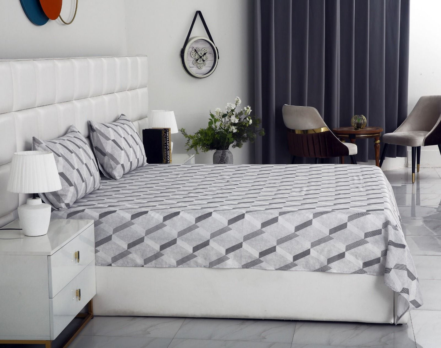 3 PCs Double Bed Sheet-Sliver Triangles Bed Sheets Apricot