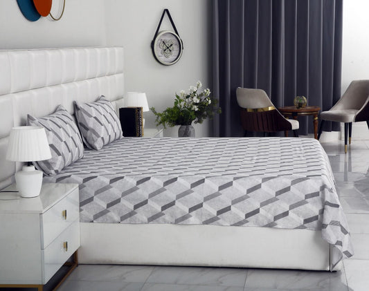 3 PCs Double Bed Sheet-Sliver Triangles Bed Sheets Apricot