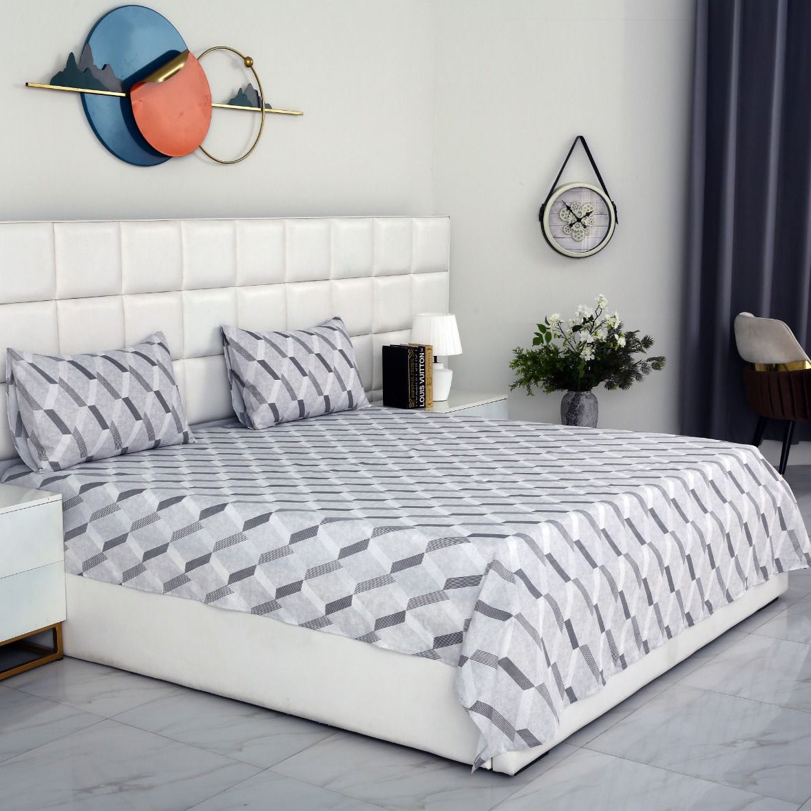 3 PCs Double Bed Sheet-Sliver Triangles Bed Sheets Apricot