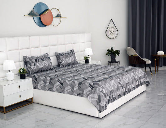 3 PCs Double Bed Sheet-Grey Triangles Bed Sheets Apricot