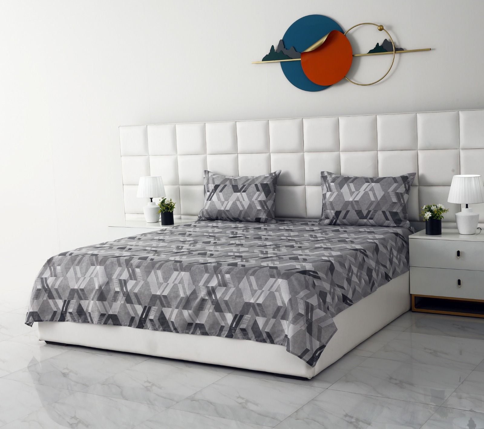 3 PCs Double Bed Sheet-Grey Triangles Bed Sheets Apricot