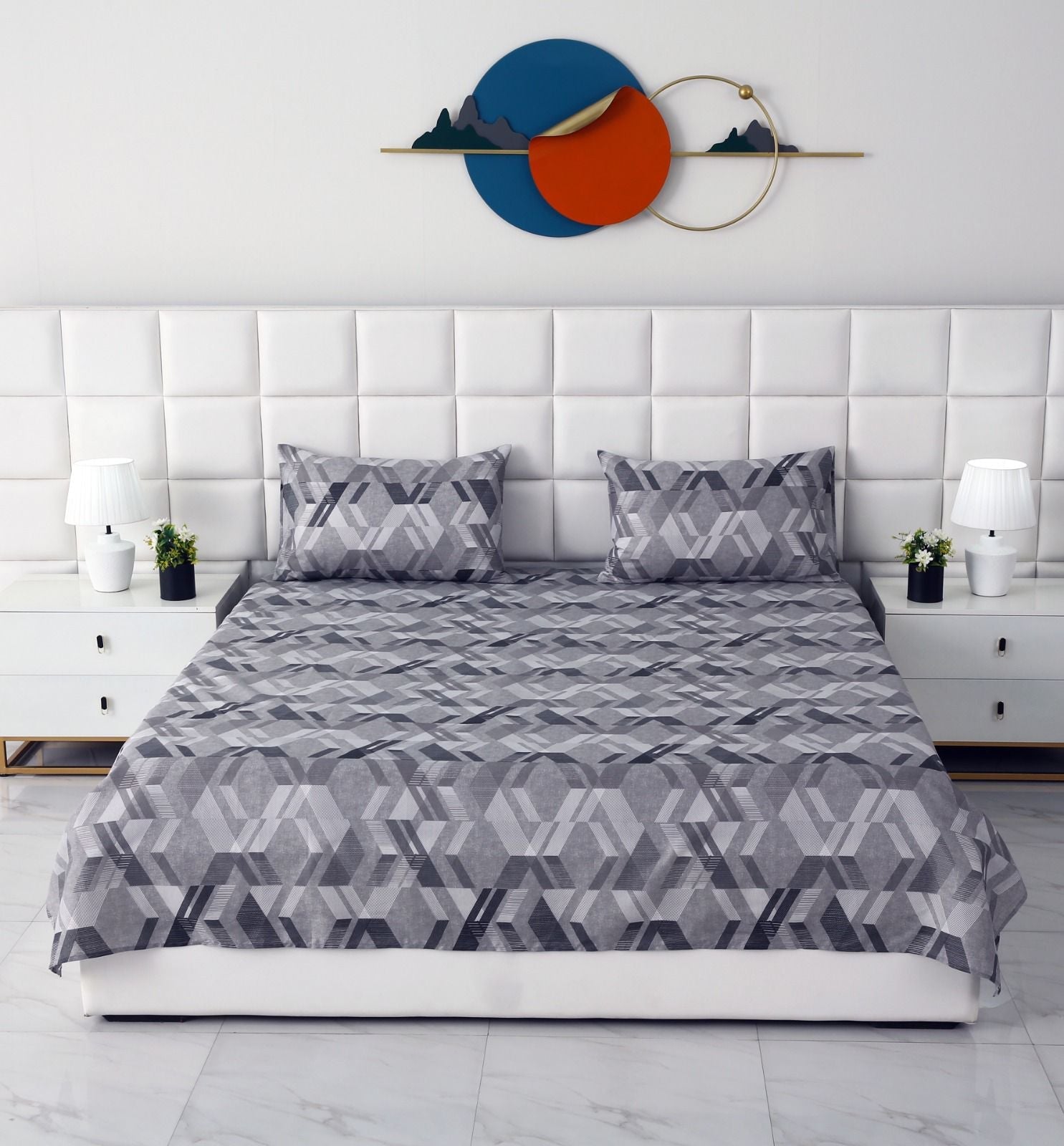 3 PCs Double Bed Sheet-Grey Triangles Bed Sheets Apricot