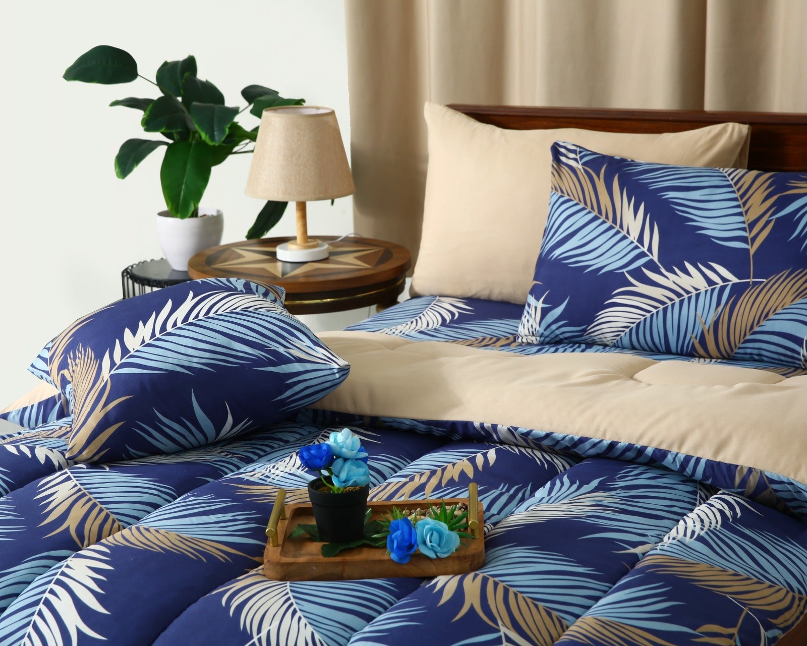 5 PCs Single Comforter Set-Blue Feathers Comforters Apricot