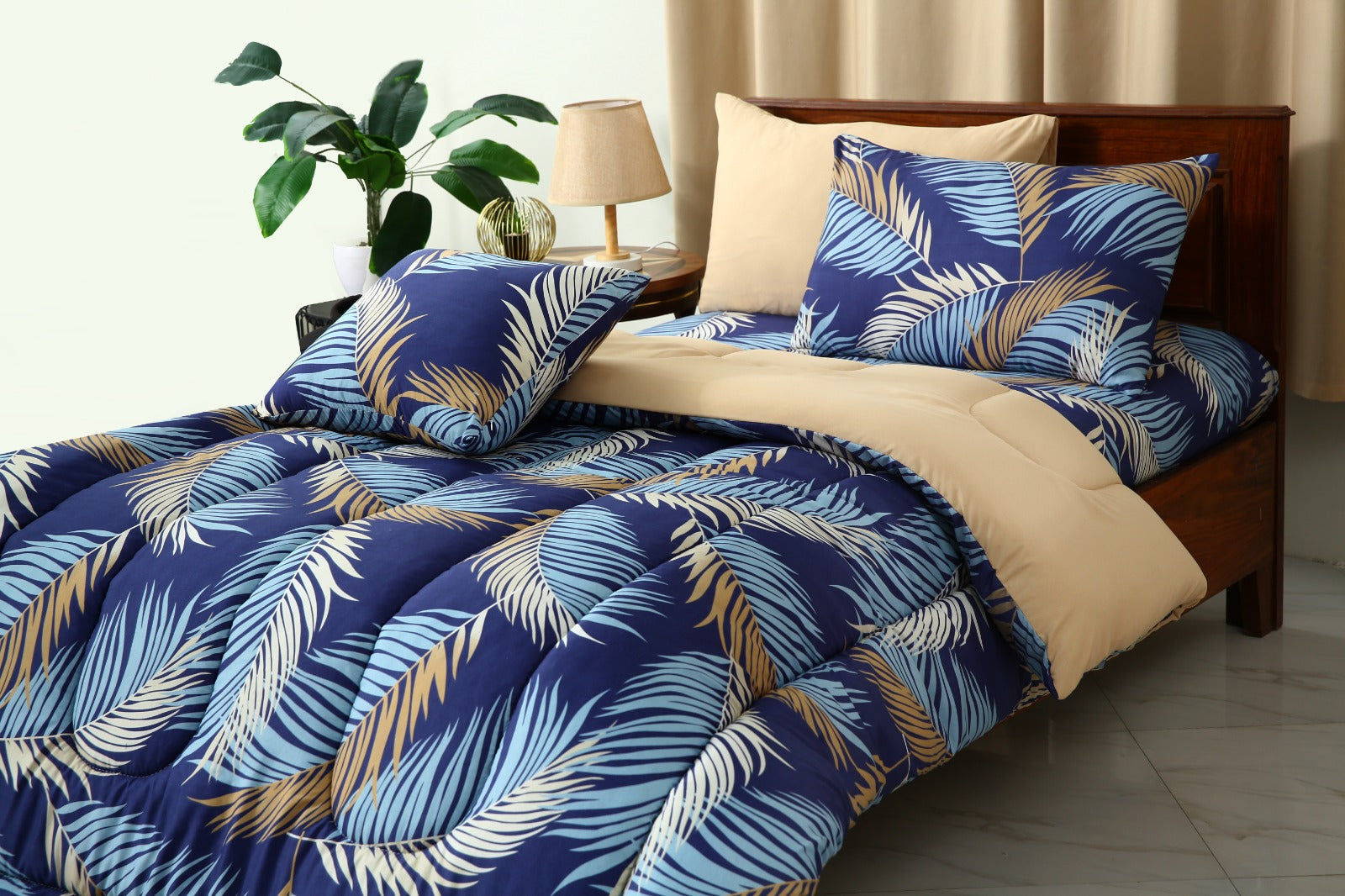 5 PCs Single Comforter Set-Blue Feathers Comforters Apricot