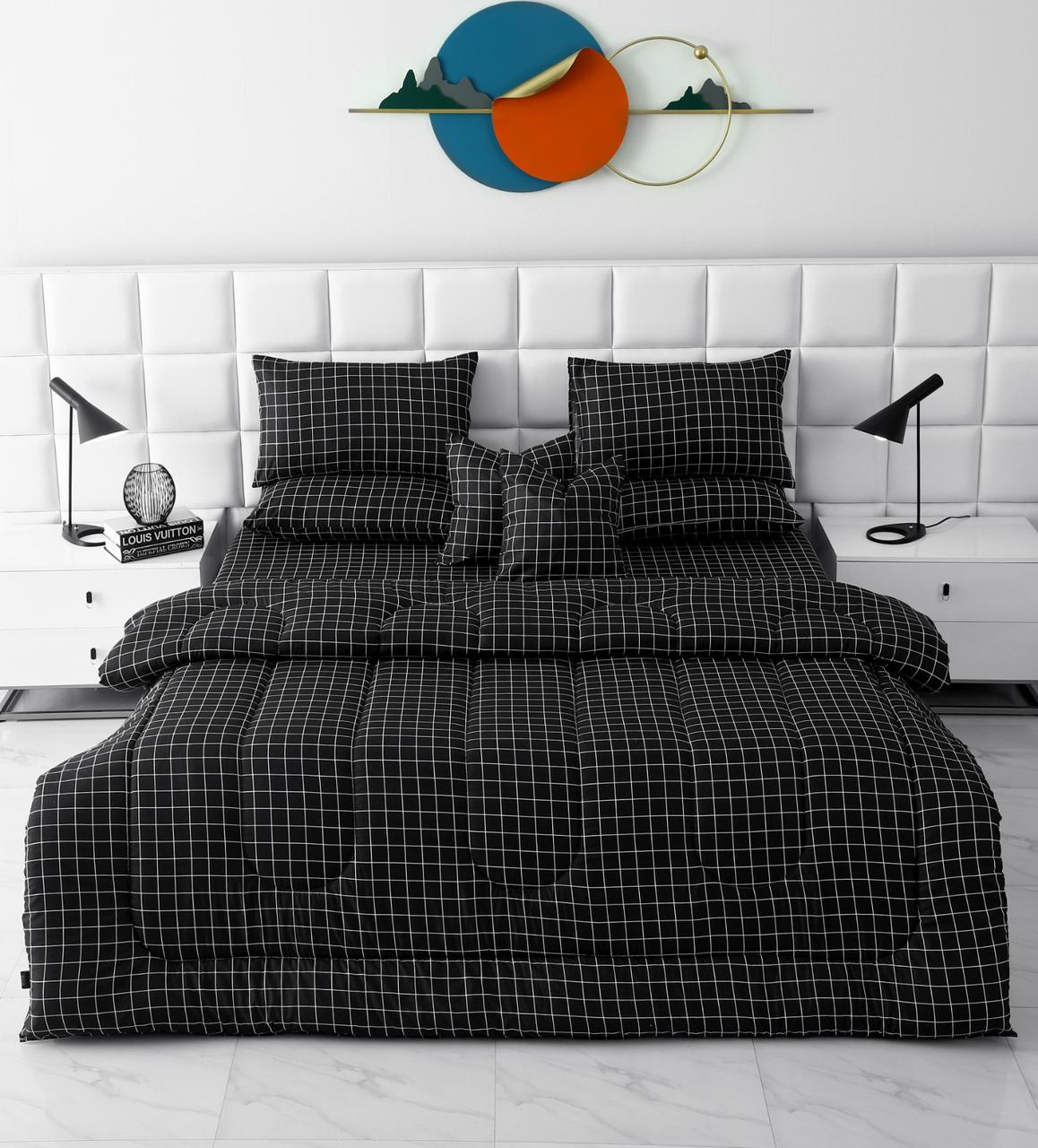8 PCs Winter Razai Set-Black Check Comforters Apricot