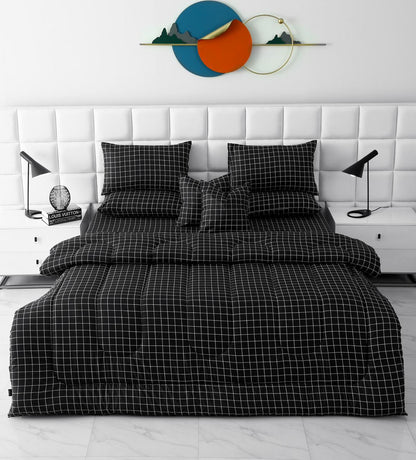 8 PCs Winter Razai Set-Black Check Comforters Apricot