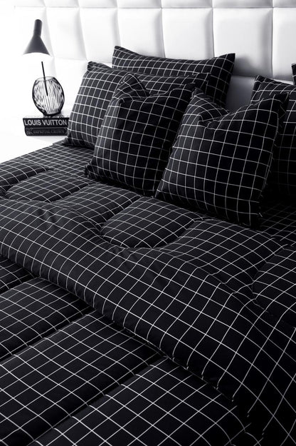 8 PCs Winter Razai Set-Black Check Comforters Apricot