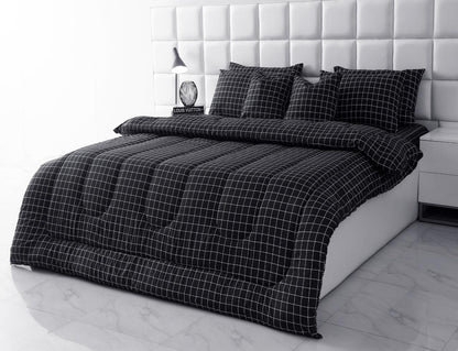 8 PCs Winter Razai Set-Black Check Comforters Apricot