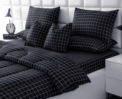 8 PCs Winter Razai Set-Black Check Comforters Apricot