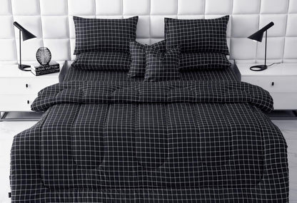 8 PCs Winter Razai Set-Black Check Comforters Apricot