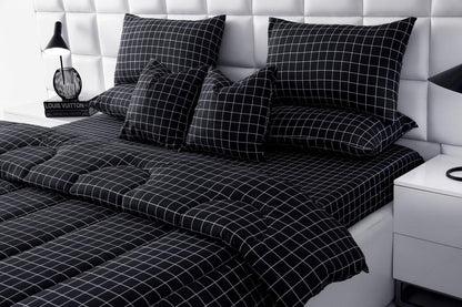 8 PCs Winter Razai Set-Black Check Comforters Apricot
