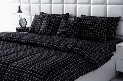 8 PCs Winter Razai Set-Black Check Comforters Apricot