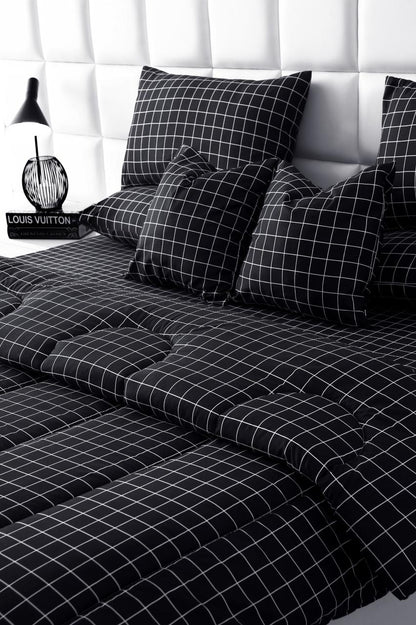8 PCs Winter Razai Set-Black Check Comforters Apricot