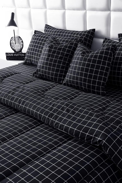 8 PCs Winter Razai Set-Black Check Comforters Apricot