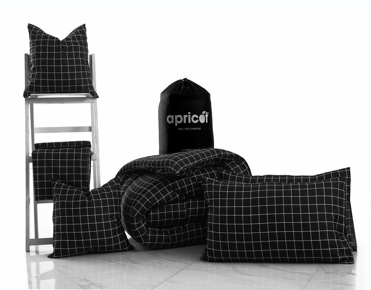 8 PCs Winter Razai Set-Black Check Comforters Apricot