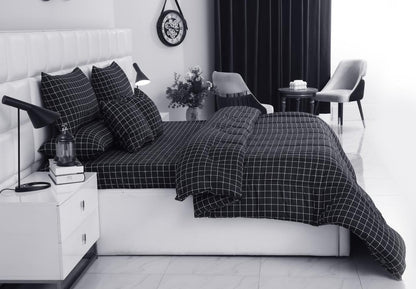 8 PCs Winter Razai Set-Black Check Comforters Apricot