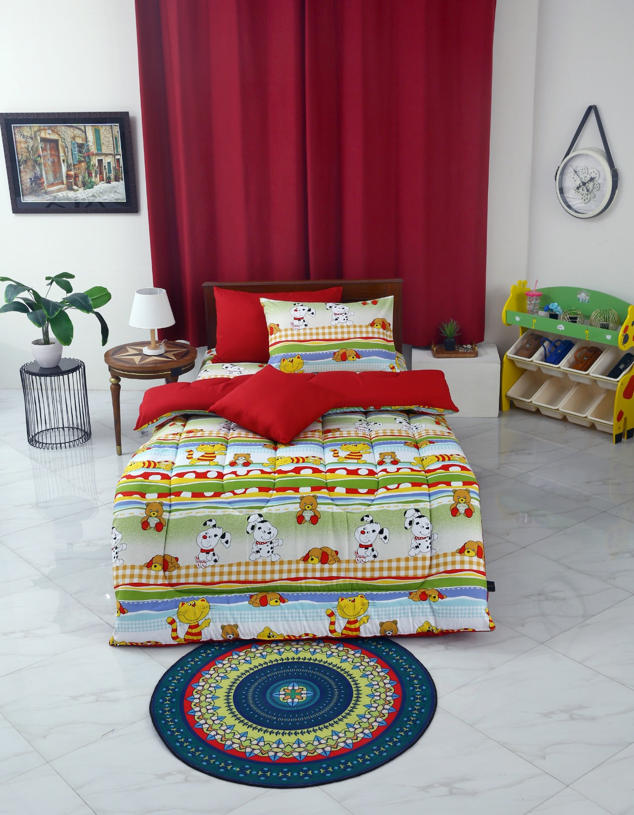 5 PCs Single Comforter Set-Puppies Party(With Red Reverse)