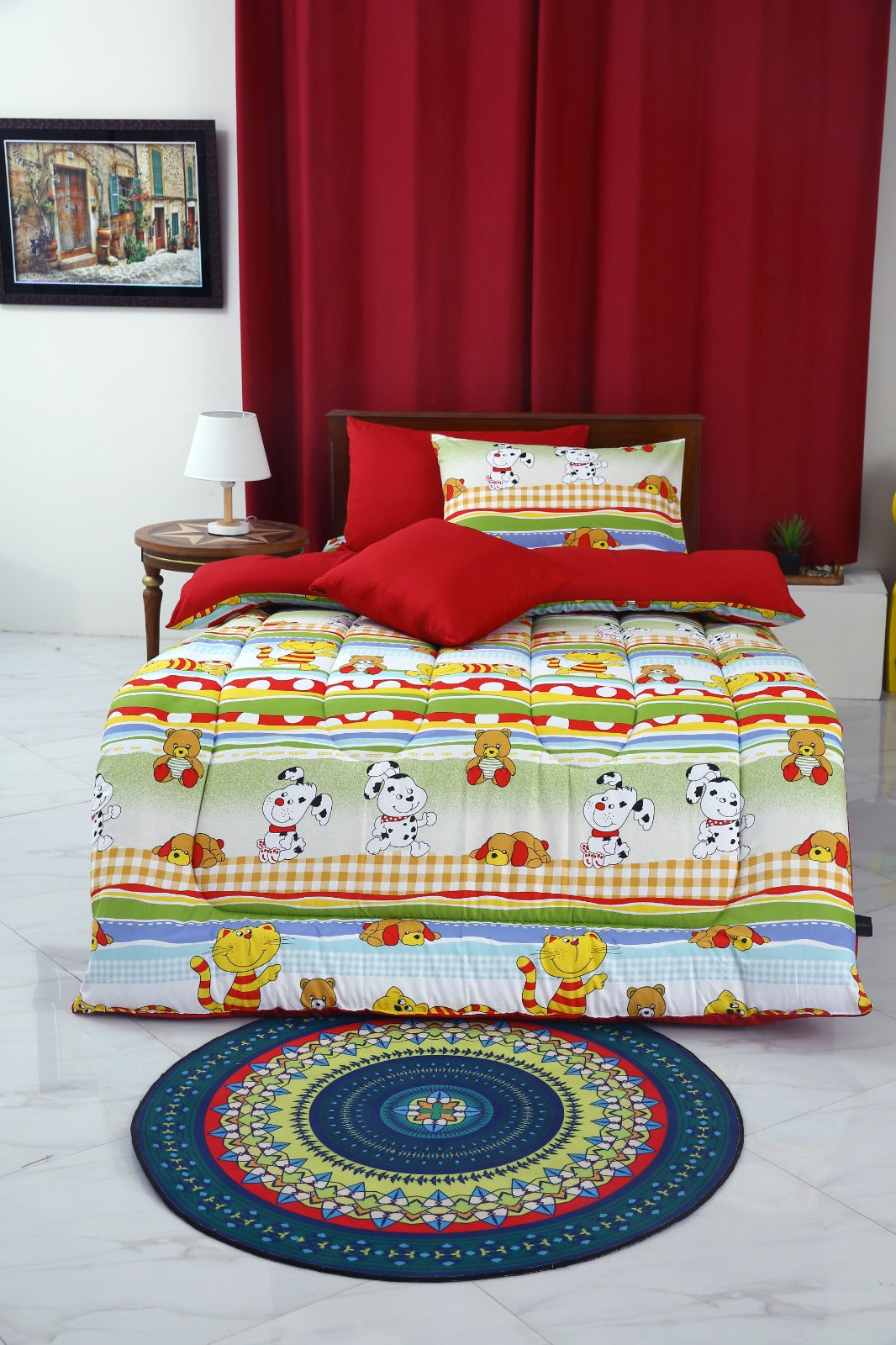 5 PCs Single Comforter Set-Puppies Party(With Red Reverse)