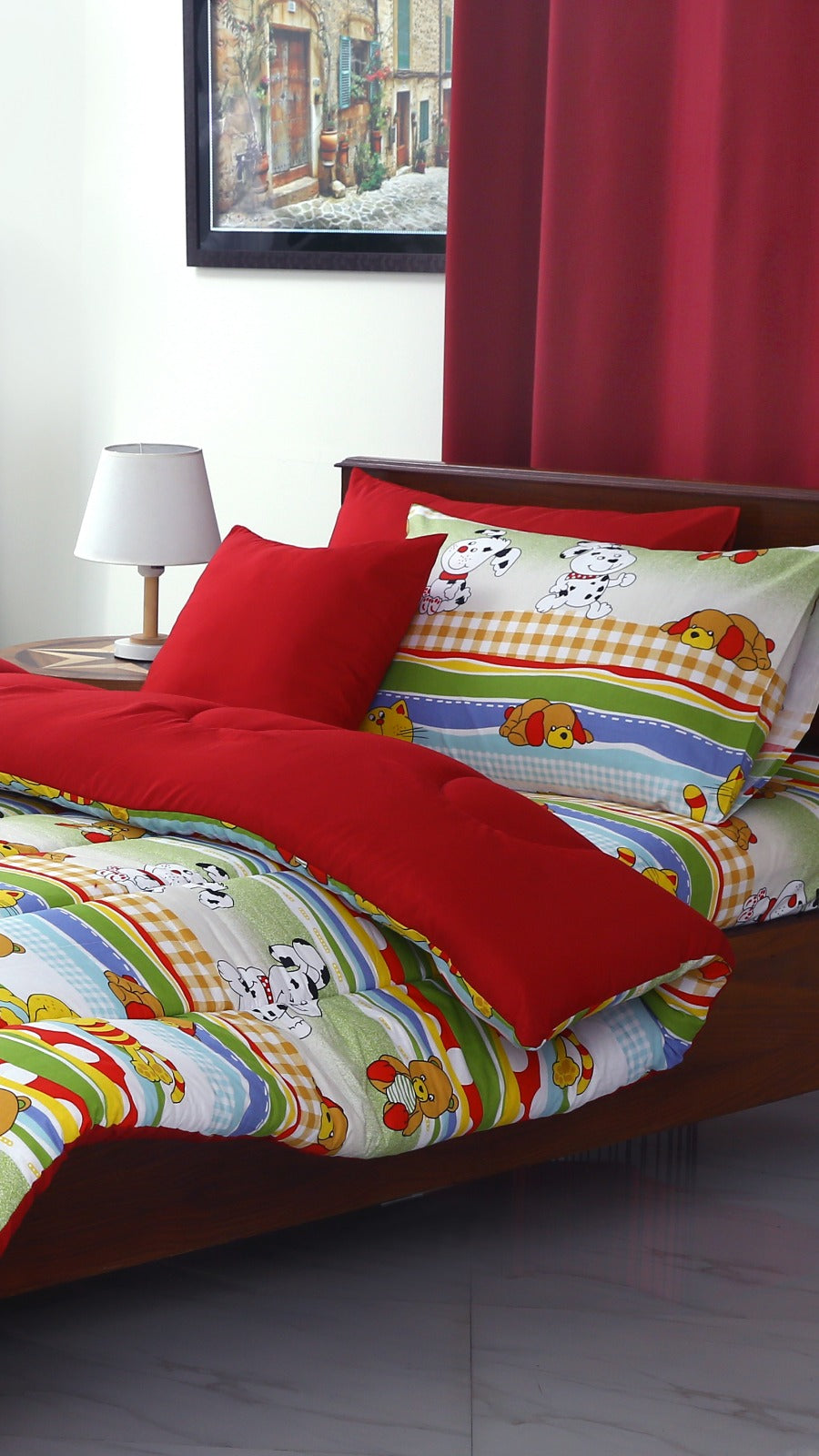 5 PCs Single Comforter Set-Puppies Party(With Red Reverse)